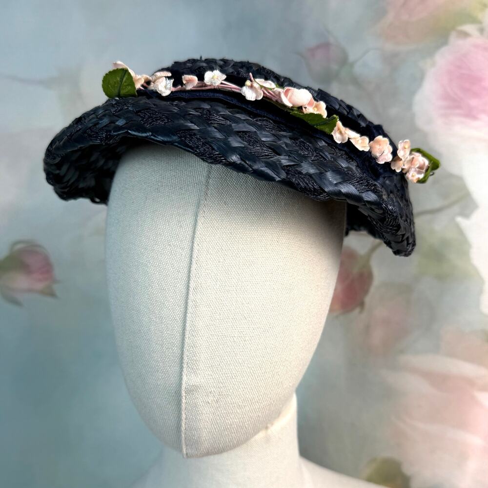 Vintage 40s Navy Blue Straw Flower Detail Velvet … - image 2